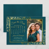 Elegant Gold Curls Teal Calendar & Photo Wedding セーブザデート (正面/裏面)