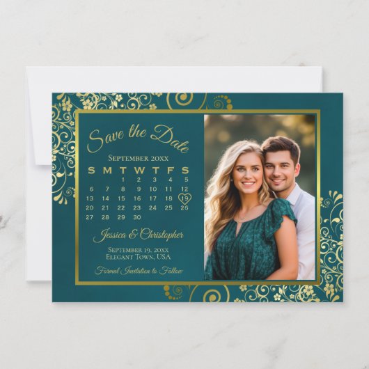 Elegant Gold Curls Teal Calendar & Photo Wedding セーブザデート (正面)