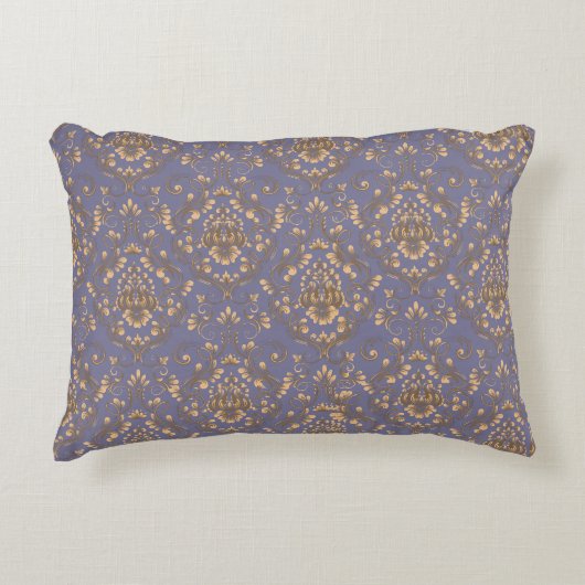 Elegant Gold Damask on Periwinkle Blue アクセントクッション (正面)