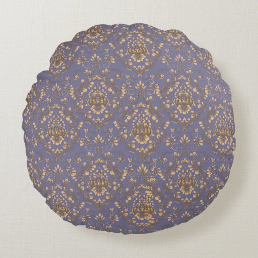 Elegant Gold Damask on Periwinkle Blue ラウンドクッション (正面)