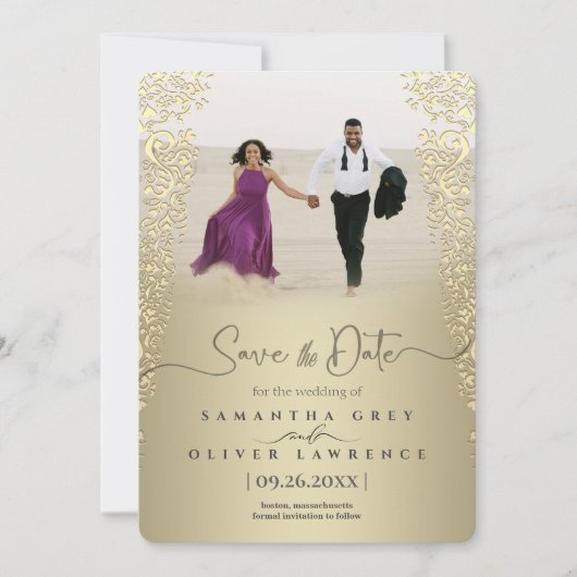 Elegant Gold Damask Save the Date Card サンキューカード (正面)