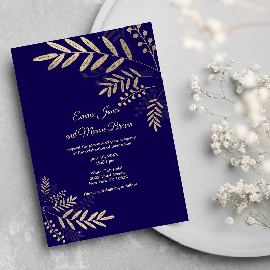 Elegant gold dark purple floral Wedding Invitation 招待状