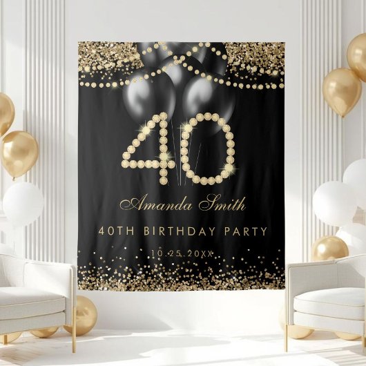 Elegant Gold Diamonds 40th Birthday Party Backdrop タペストリー