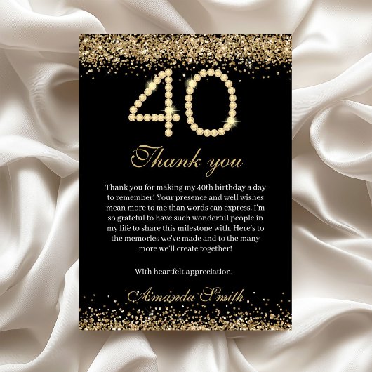Elegant Gold Diamonds 40th Birthday Thank you Card サンキューカード
