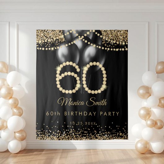 Elegant Gold Diamonds 60th Birthday Party Backdrop タペストリー
