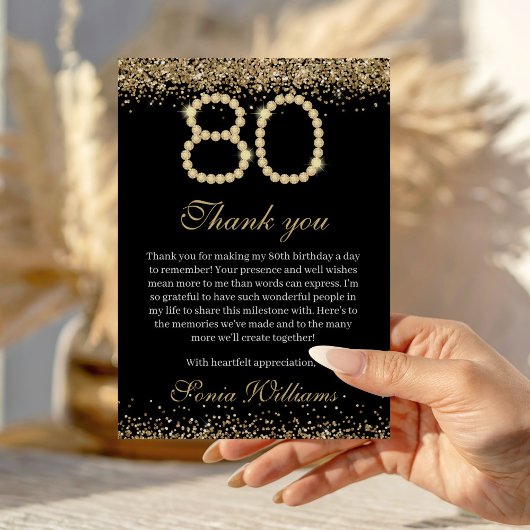 Elegant Gold Diamonds 80th Birthday Thank You Card サンキューカード