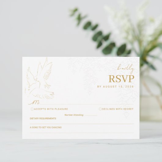 Elegant Gold Dove Wedding RSVP Card (スタンド正面)