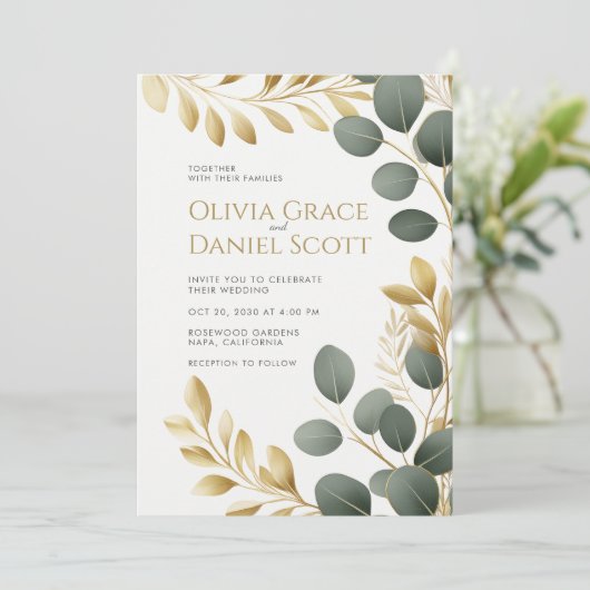 Elegant Gold Eucalyptus Botanical Wedding 招待状 (スタンド正面)