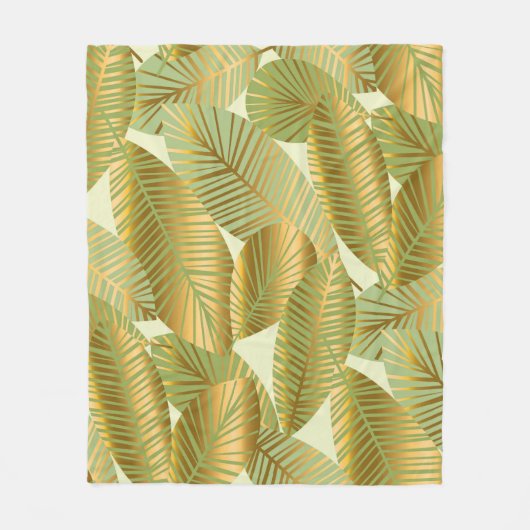 elegant gold exotic leaves seamless pattern on blu フリースブランケット (正面)