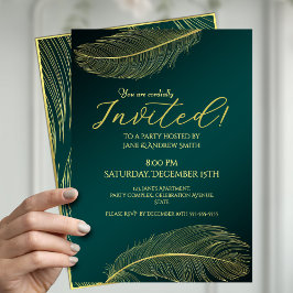 Elegant Gold Feather Green Invitation Card For Spe 招待状