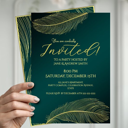 Elegant Gold Feather Green Invitation Card For Spe 招待状