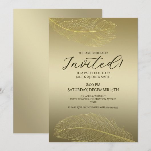 Elegant Gold Feather Luxury Celebration 招待状 (正面/裏面)