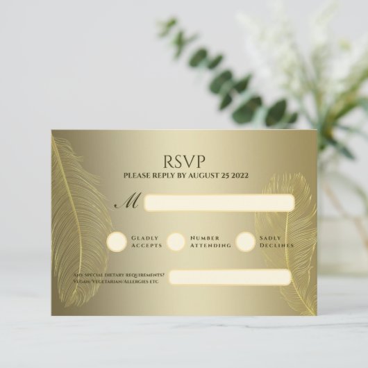 Elegant Gold Feather RSVP Card For Luxury Event (スタンド正面)