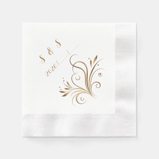 Elegant Gold Filigree & Leaf Flourish Wedding 縁ありカクテルナプキン (正面)