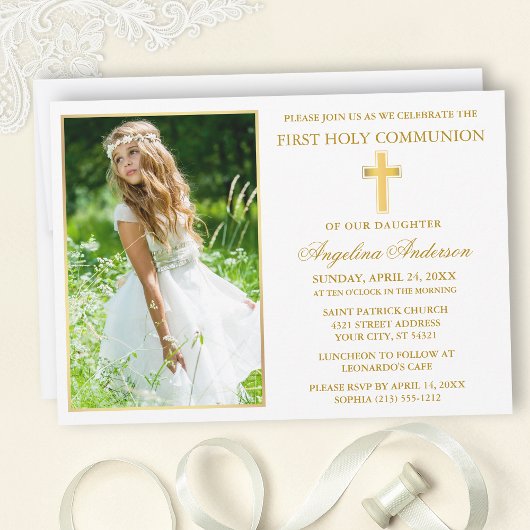 Elegant Gold First Holy Communion Photo 招待状