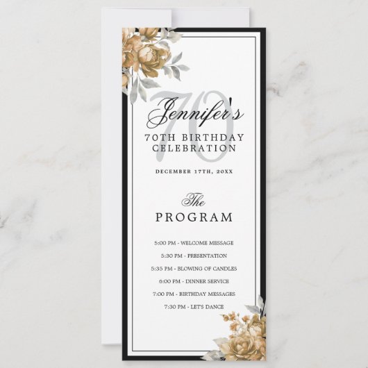 Elegant Gold Floral 70th Birthday Program Menu  招待状 (正面)