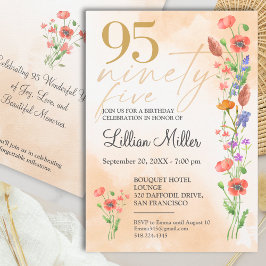 Elegant Gold Floral 95th Birthday, 95 Years Invite 招待状