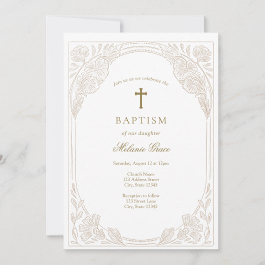 Elegant Gold Floral Baptism Invitation 招待状 (正面)