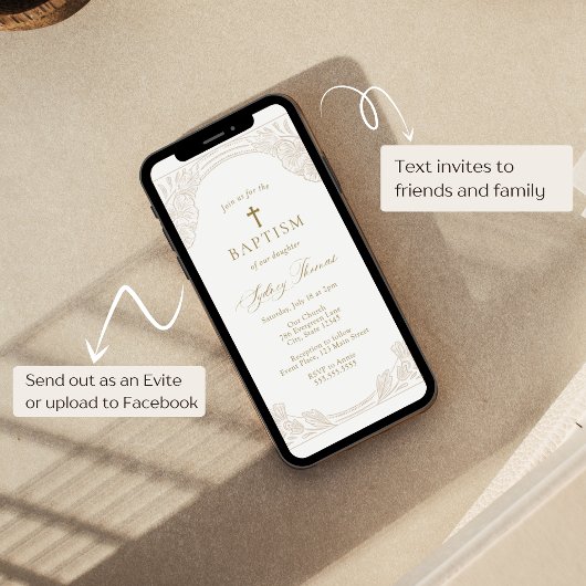 Elegant Gold Floral Baptism Invitation 招待状