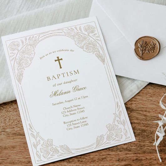Elegant Gold Floral Baptism Invitation 招待状