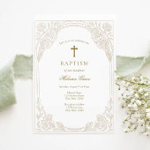 Elegant Gold Floral Baptism Invitation 招待状