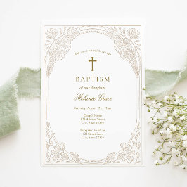 Elegant Gold Floral Baptism Invitation 招待状