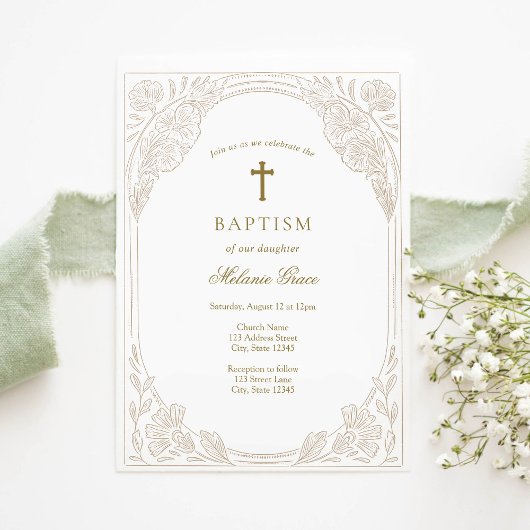 Elegant Gold Floral Baptism Invitation 招待状