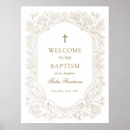 Elegant Gold Floral Baptism Welcome ポスター