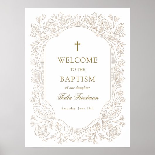 Elegant Gold Floral Baptism Welcome ポスター (正面)