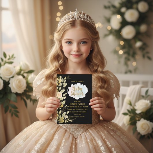Elegant Gold Floral Black Baby Shower Invitation 招待状