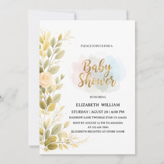 Elegant Gold Floral Botanical Baby Shower  招待状