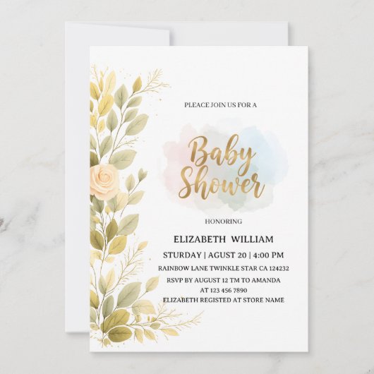 Elegant Gold Floral Botanical Baby Shower  招待状 (正面)