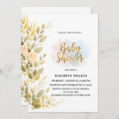 Elegant Gold Floral Botanical Baby Shower  招待状 (正面/裏面)