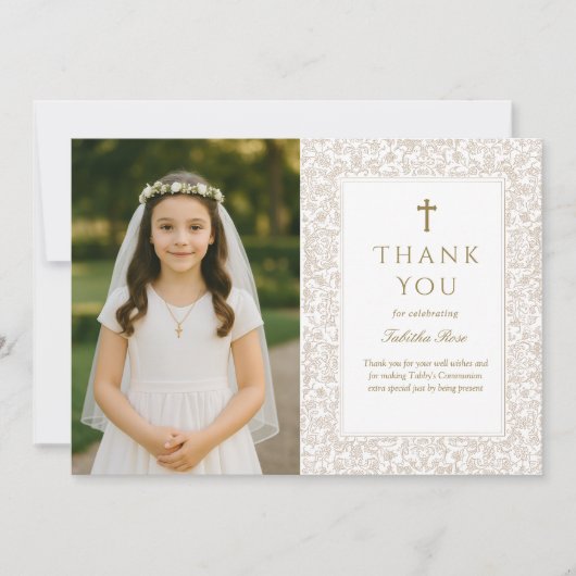 Elegant Gold Floral Communion Thank You Card 招待状 (正面)