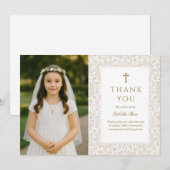 Elegant Gold Floral Communion Thank You Card 招待状 (正面/裏面)