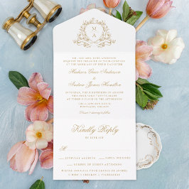Elegant Gold Floral Crest Monogram Wedding  オールインワン招待状