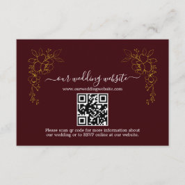 Elegant Gold Floral Deep Burgundy QR Code Wedding  エンクロージャーカード