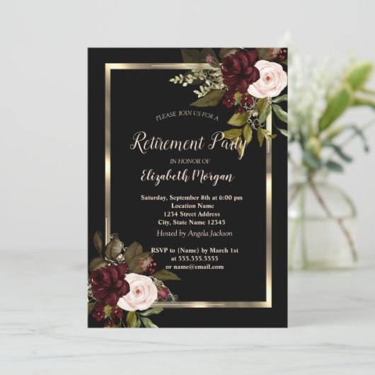 Elegant Gold Floral Frame Burgundy Roses Black  招待状 (スタンド正面)