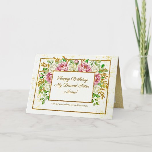 Elegant Gold Floral Glitter Personalized Birthday カード (正面)