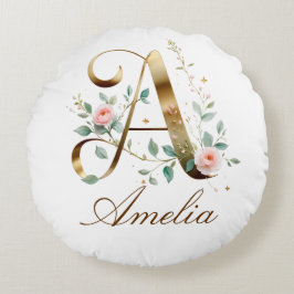 Elegant Gold Floral Initial A Round Throw Pillow ラウンドクッション