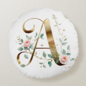 Elegant Gold Floral Initial A Round Throw Pillow ラウンドクッション (裏面)