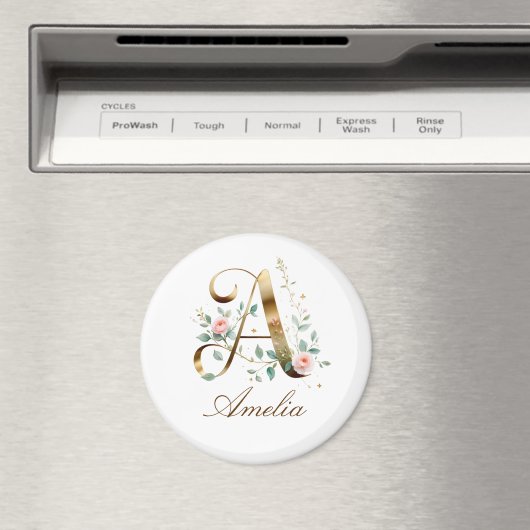 Elegant Gold Floral Letter A Round Fridge Magnet マグネット (インサイチュ (食洗機))