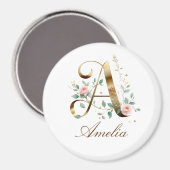 Elegant Gold Floral Letter A Round Fridge Magnet マグネット (正面/裏面)