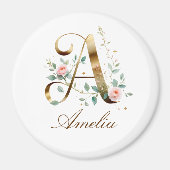 Elegant Gold Floral Letter A Round Fridge Magnet マグネット (正面)