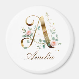 Elegant Gold Floral Letter A Round Fridge Magnet マグネット