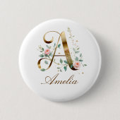 Elegant Gold Floral Letter A Wedding Button 缶バッジ (正面)
