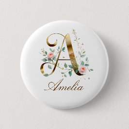 Elegant Gold Floral Letter A Wedding Button 缶バッジ