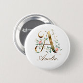 Elegant Gold Floral Letter A Wedding Button 缶バッジ (正面&裏面)