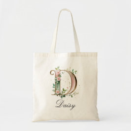 Elegant Gold Floral Letter D Monogram Tote Bag トートバッグ