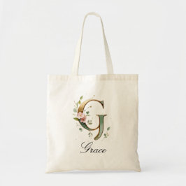 Elegant Gold Floral Letter G Monogram Tote Bag トートバッグ